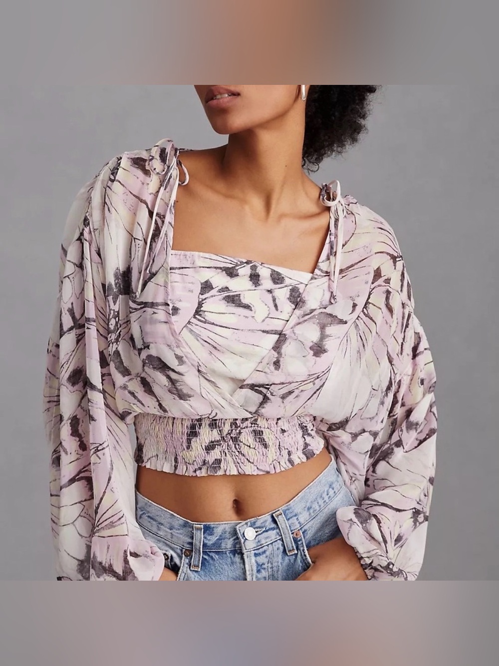 Anthropologie Sheer Peasant Top Purple Motif